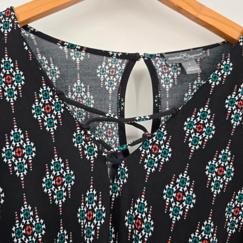 Market & Spruce Womens Black Geometric Tribal Lace Up Romper Small 3/4 Sleeve - Picture 6 of 12